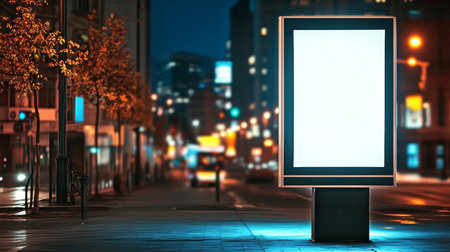 Vibrant Cityscape at Night Featuring a Blank Advertising Display for Creative Business Promotionの素材