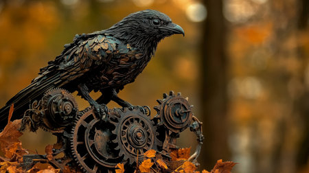 Mechanical Raven Perched on Copper Gears Surrounded by Vibrant Autumn Leaves, Steampunk Artistryの素材