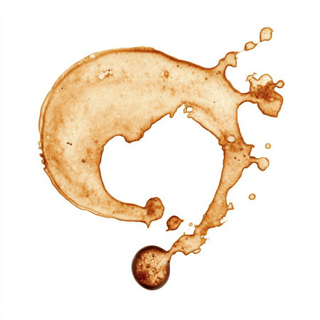 Abstract Coffee Stain on White Background, Isolated Brown Liquid Splash with Dried Texture Featuresの素材