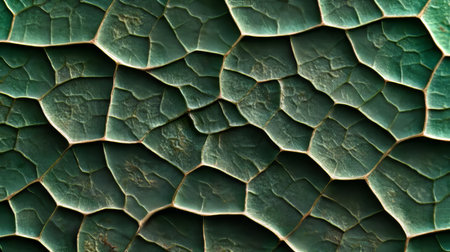 Close Up Image of a Green Leaf Displaying Intricate Cell Like Surface Patterns for Nature Backgroundの素材