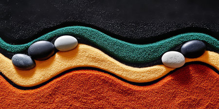 Zen tranquility concept, meticulously raked sand texture patterns in vivid earth tone color harmony.の素材