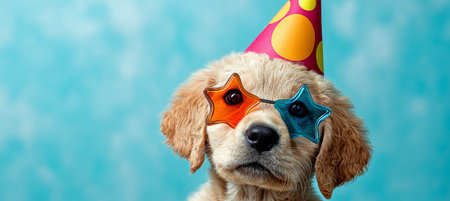 Charming Golden Retriever Puppy in Party Hat and Starry Glasses, Celebrating Joyful Momentsの素材