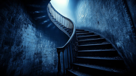 Mysterious Nightfall Eerie Spiral Staircase Leading to an Enigmatic Upper Floor Adventureの素材