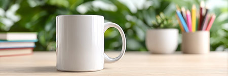 Elegant White Ceramic Mug on a Rustic Wooden Desk Surrounded by Books for Cozy Home Office Coffeeの素材