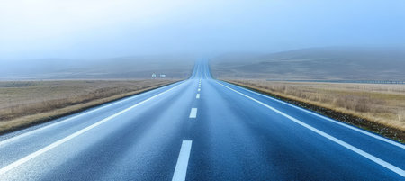 Breathtaking Perspective View Along a Serene Blue Highway Through Vast, Open Terrain with Mountainsの素材