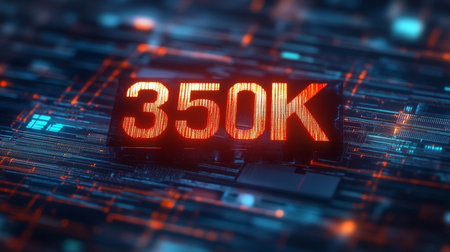 Futuristic Technology Background with Bright Red Display and High-Tech Elements Showing 350k Dataの素材