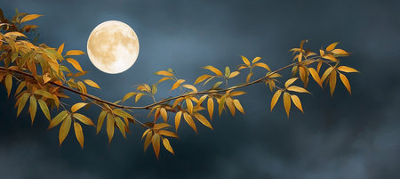 Enchanted Night Scene with Ethereal Branches Silhouetted Against a Full Moon in a Serene Landscapeの素材