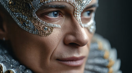 Elegant Portrait of a Man Wearing an Ornate Venetian Festival Eye Masquerade and Festive Ball Maskの素材