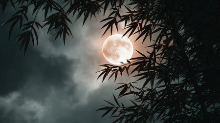 Full moon glows softly behind bamboo foliage, creating a serene and tranquil nighttime atmosphere.の素材