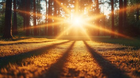 Nature s Golden Hour A Sunburst Radiates Through the Forest, Creating Beautiful Light and Shadowsの素材