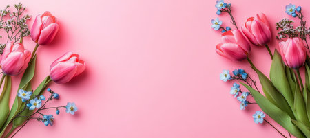 Elegant Arrangement of Soft Pink Tulips and Delicate Blue Florets on a Light Pastel Backgroundの素材