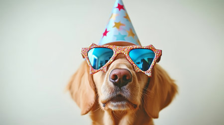 Adorable Golden Retriever Puppy Celebrates Birthday in Stylish Party Hat and Star-Shaped Sunglassesの素材