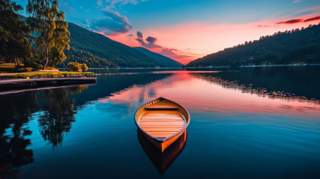 A Tranquil Lakeside Scene at Twilight with a Wooden Boat on Calm Water Reflecting a Stunning Sunsetの素材