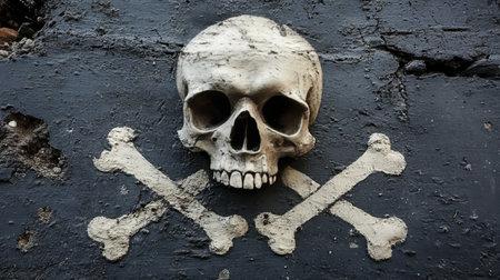 Vintage and Gruesome Emblem Depicting Danger with Skull and Crossbones on a Weathered Stonewallの素材