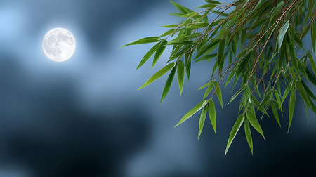 Tranquil Nighttime Scene Bamboo Silhouettes Framed by a Brilliant Full Moon Illuminating the Skyの素材