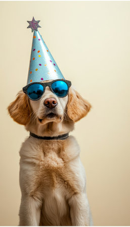 Adorable golden retriever celebrates birthday wearing a fun party hat and stylish sunglasses.の素材