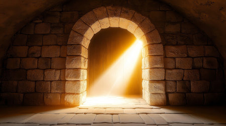 Stone archway emitting sunlight in dark brick tunnel creates a mystical atmosphere of exploration.の素材
