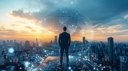 Visionary Entrepreneur on Rooftop Gazing at Global Network Map with Cityscape Silhouette at Sunsetの素材