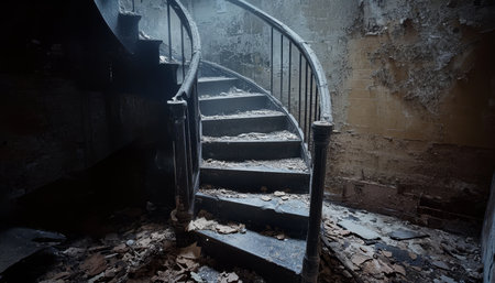 Worn Stairway Linking Two Abandoned Buildings Reflects Their Past Glory and Current Decayの素材