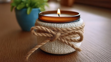 Cozy Burning Soy Candle Gift with Rustic Jute Rope Bow, Perfect for Aromatherapy Relaxation Themesの素材