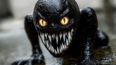 Mysterious Beast in Shadows on Gloomy Street, Eyes Glowing with Intense Ferocity and Powerの素材