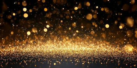 Glistening Golden Radiance Display on a Black Background with Sparkling Effects and Artistic Flairの素材