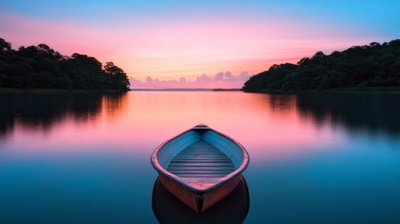 Serene Sunset Over Calm Waters with a Solitary Boat, Perfect for Inspirational Artwork and Designsの素材