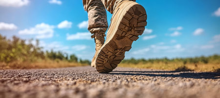 A Soldier Marches on an Arid Road Wearing Military Boots, Symbolizing Strength and Resilienceの素材