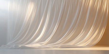 Ethereal Tranquility, Soft White Fabric Drapes Gracefully in a Serene Room Bathed in Gentle Lightの素材