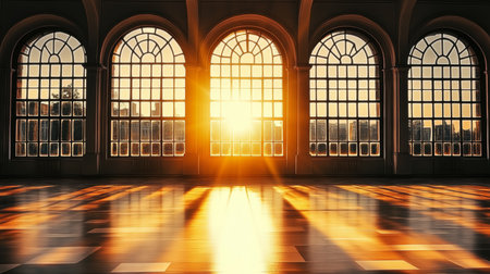 Dramatic Sunlight Through Grand Hall Windows, Highlighting Architectural Arches and City Viewsの素材