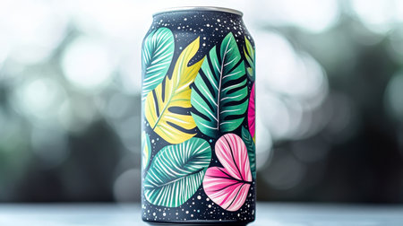 Tropical-themed beer can with vibrant hand-drawn leaf illustrations and elegant craft beer design.の素材