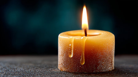 A Single Golden Candle Flickering in Darkness, Spreading Warm Light and Creating a Peaceful Moodの素材
