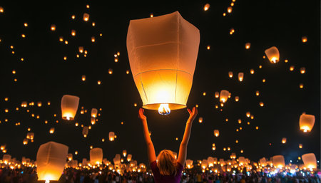 Enchanting Golden Light Illumination Event with Sky Lantern Release and Floating Glows in the Nightの素材