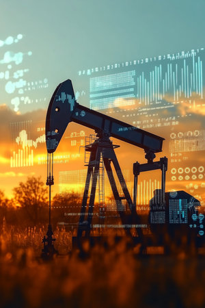 Oil Pump Silhouette Against a Vibrant Sunset Sky with Digital Financial Overlays and Energy Insightsの素材
