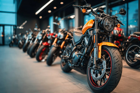 Motorbikes on Display at Automotive Dealership, Showcasing Latest Models for Sale and Viewingの素材