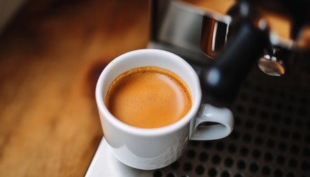 Freshly Brewed Espresso in a White Cup with Golden Crema, Showcasing Richness and Intense Aromaの素材