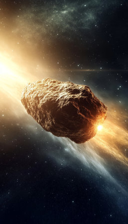 A Stunning Shuttlecock Asteroid Gliding Through the Cosmos, Illuminated by Distant Stars and Planetsの素材