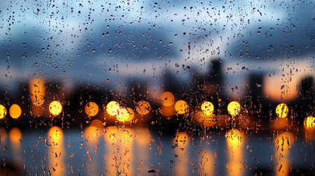 Urban Lights Glimmering Through Rain-Splattered Window, Capturing the Nighttime Cityscape Ambienceの素材