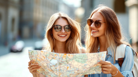 Group of Female Travelers Enjoying a Summer Adventure in the City with Map and Sunglasses onの素材