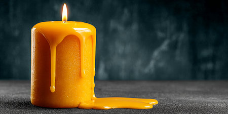 Wax Drops Drip From an Illuminated Burned Yellow Candle Over a Stone Floor on a Misted Backgroundの素材