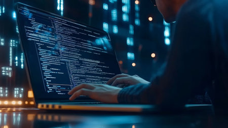 Data Analysis on Computer Screen with Developer Coding, Cyber Security in Modern IT Companyの素材