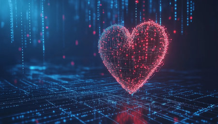 Vibrant Glowing Heart Representing Digital Love and Connection in a Colorful Abstract Networkの素材