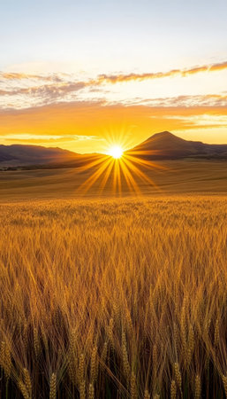 A Stunning Sunrise Illuminating a Golden Wheat Field, Nature s Beauty in a Rural Landscape at Dawnの素材
