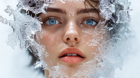 Close Up of Artistic Woman s Portrait with Water Droplets and Ice Textures, Representing Fragilityの素材