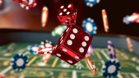 Flying Red Dice Create a Dramatic Casino Atmosphere with Colorful Chips and Exciting Betting Actionの素材