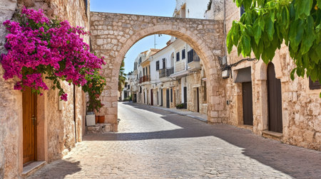 Charming Stone Archway Framing a Sunlit Street Scene in a Colorful Mediterranean Village Houseの素材