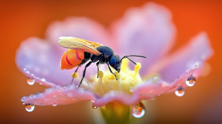 Insect Pollination on Delicate Flower, Spring Petals with Water Pearls, Nature s Beauty Revealedの素材