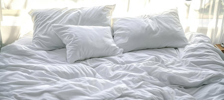 Cozy Unmade Bed with White Linens and Pillows in Morning Light for a Relaxing Bedroom Aestheticの素材
