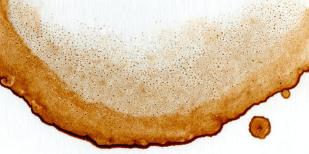 Detailed Close-Up of Coffee Stain Ring on White Paper Background with Textured Aged Graphic Artの素材