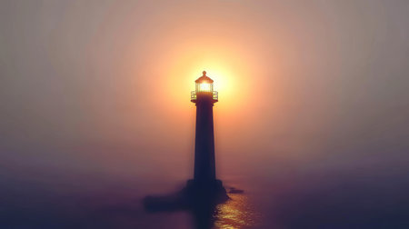 Coastal Lighthouse Standing Tall, Guiding Ships Safely Through Foggy Waters at Sunset s Golden Hourの素材